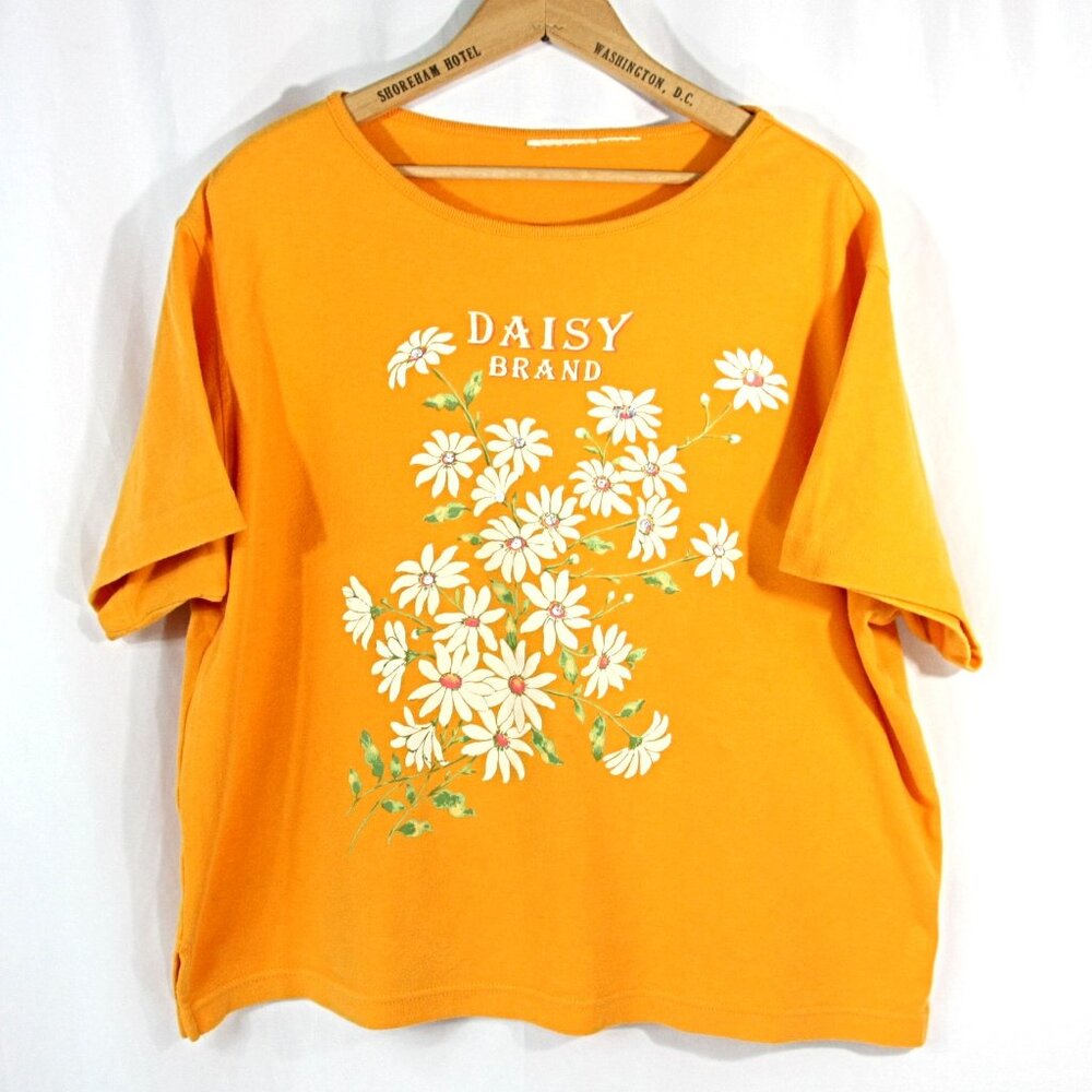 Vintage Y2K Daisy Brand Floral Sequin Cropped Cotton T-Shirt Yellow Orange L XL